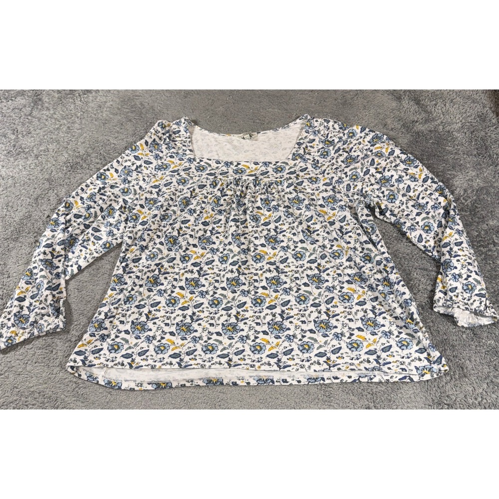 Lucky Brand Women Square Neck Floral Blouse XXL White Blue Cotton Modal Top